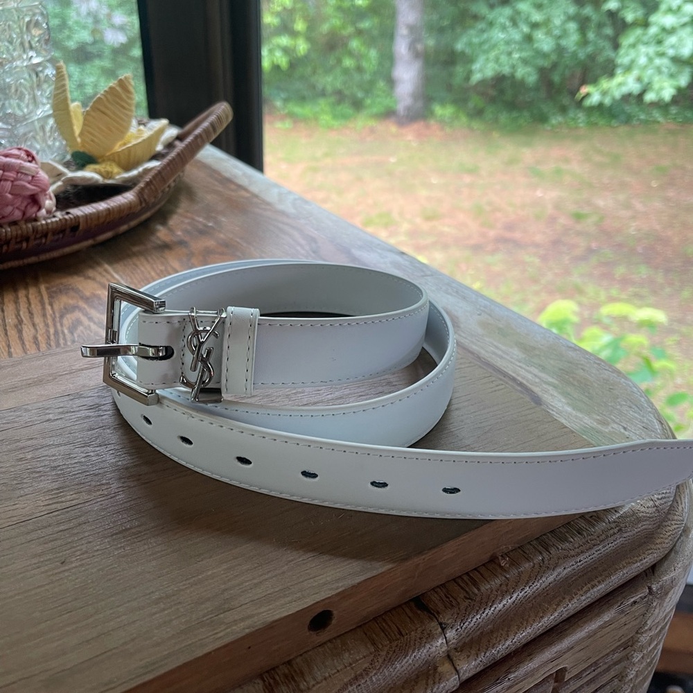 White Womens YSL Leather Belt Size 33-35